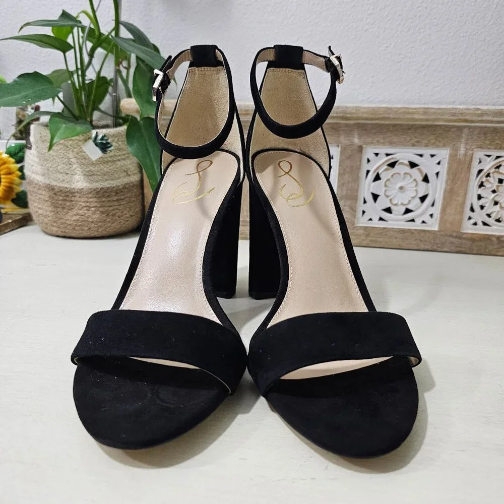 SAM EDELMAN Black Leather Suede Ankle Strap Block Heel Sandal Womens Sz 9.5 W - Picture 2 of 9